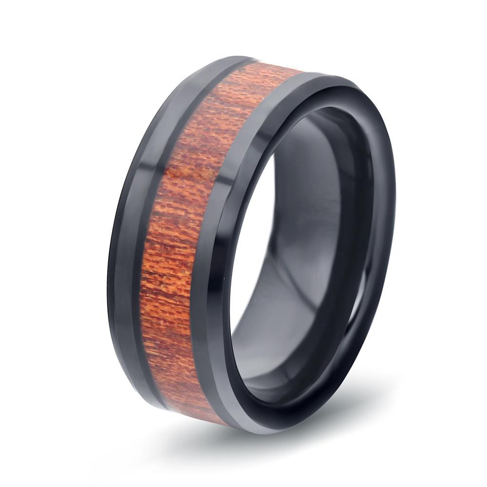 Elegant European & American 8MM Stainless Steel Pinky Ring with Black Wood Grain