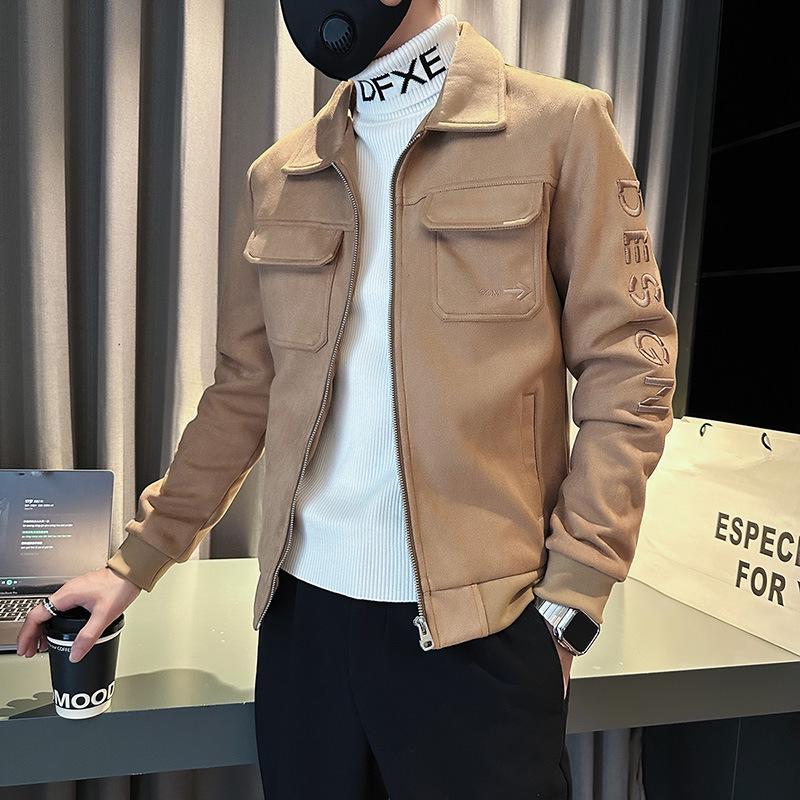 

Мужская модная куртка из оленьей кожи с вышивкой 2023 года — повседневная, молодежная, короткая модель на осень/зиму 3XL хаки