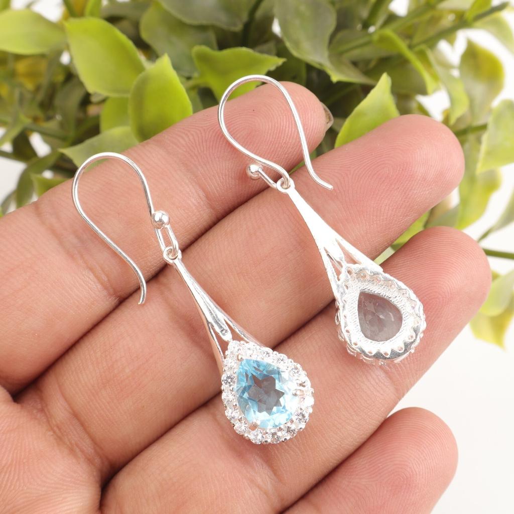 Natural Sky Blue Topaz Gemstone 925 Stamped Silver Jewelry Zircon Earrings 1.86" CZE-7-11