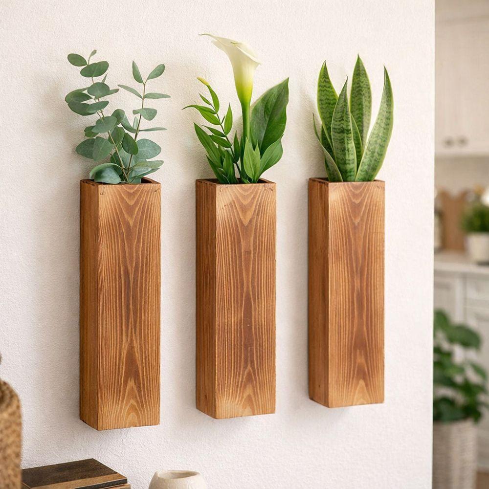 Wall-mounted Wood Wall Planter Handmade Hanging Flower Vase Modern Flower Holder Living Room