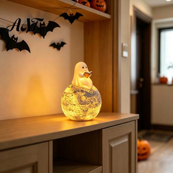 Decoração Sazonal de Outono Adorável Fantasma Lendo Livro Ornamento, Figura de Resina Luminosa, Luz Noturna Lua Brilhante para Halloween Decoração de Casa Mesa Painel do Carro