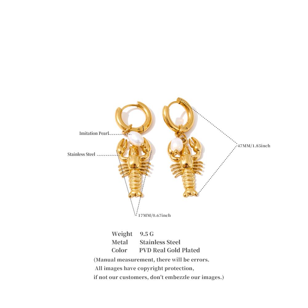 Yhpup Ocean Series Stainless Steel Crayfish Drop Hoop Earrings High Quality Natural Pearls Beach Daily Wear Jewelry for Women