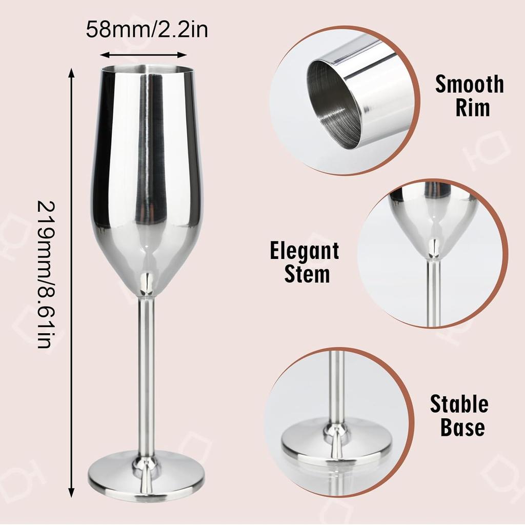 8 Oz Stainless Steel Champagne Flutes (2 Pack) - Silver, Reusable, Keeps Drinks Cool - Perfect Gift