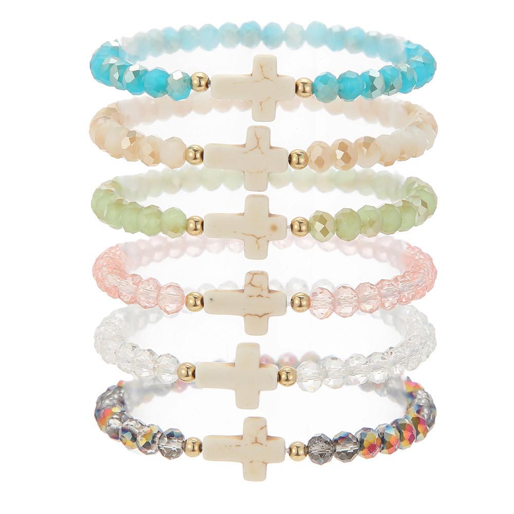 Bohemian Lady Stacking Bracelet With Turquoise Cross And Colorful Crystals For Travel Gift