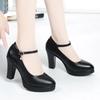 High Heels Platform Pumps Mujer  Spring New Buckle Solid Black Shoes Woman PU Leather Waterproof Shoes Femme
