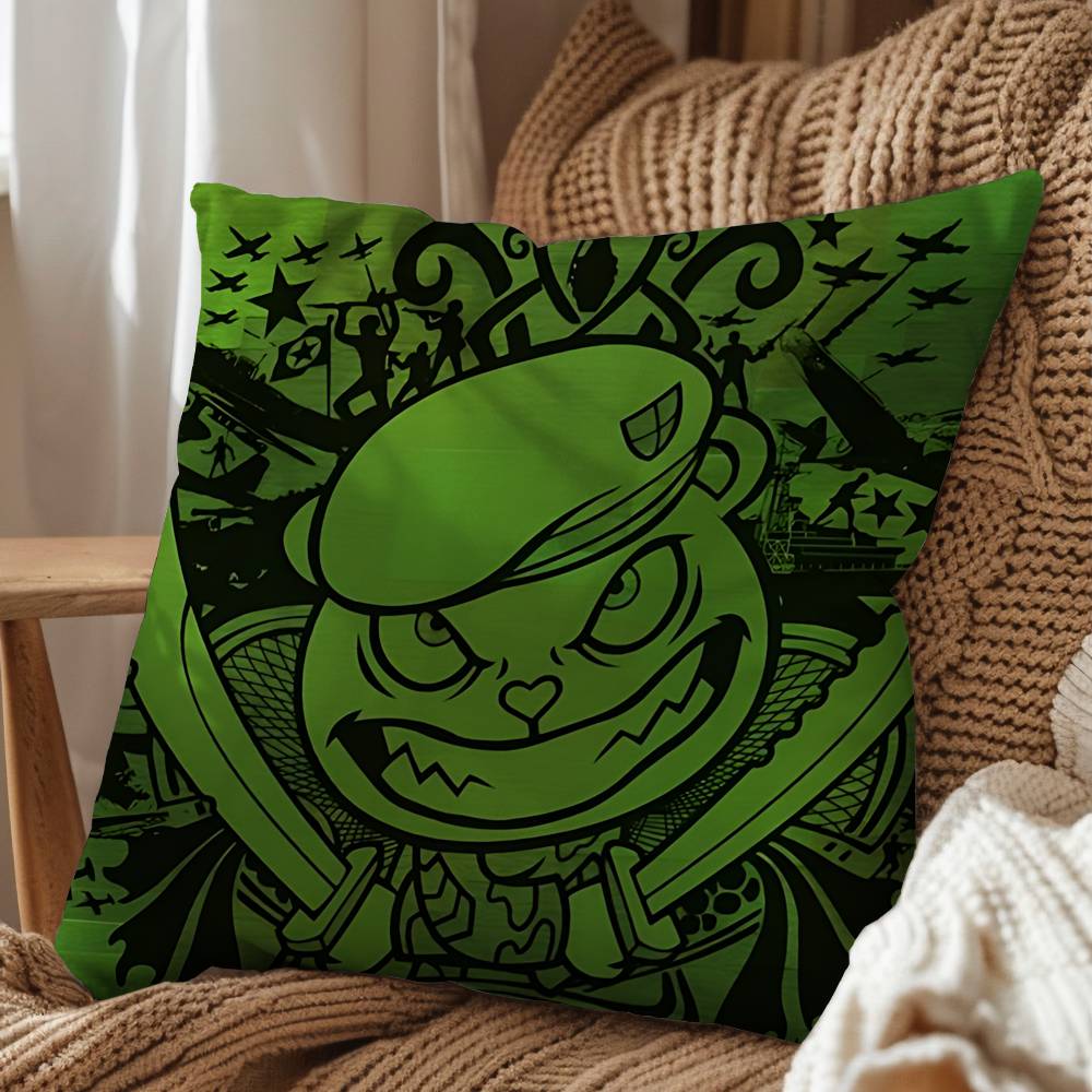 Green Cute Happy HTF Tree Friends Pillow Case Square DoubleSided Printing Short Plush Sofa Cushion Cover Bedroom Bedside Pillow