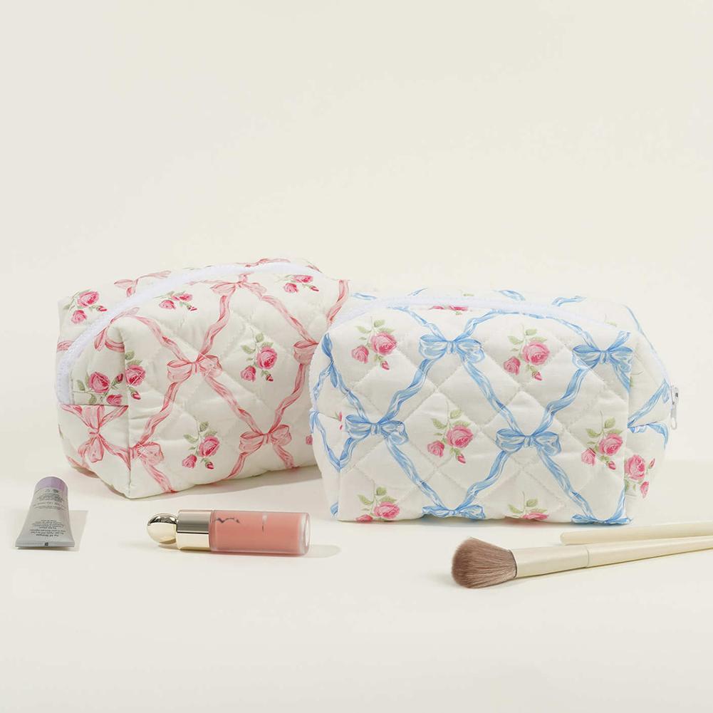 Cute Bow Floral Makeup Bag with Zipper Travel Makeup Pouch Cotton Quilted Makeup Organizer Storage Bag Large for Women Girls