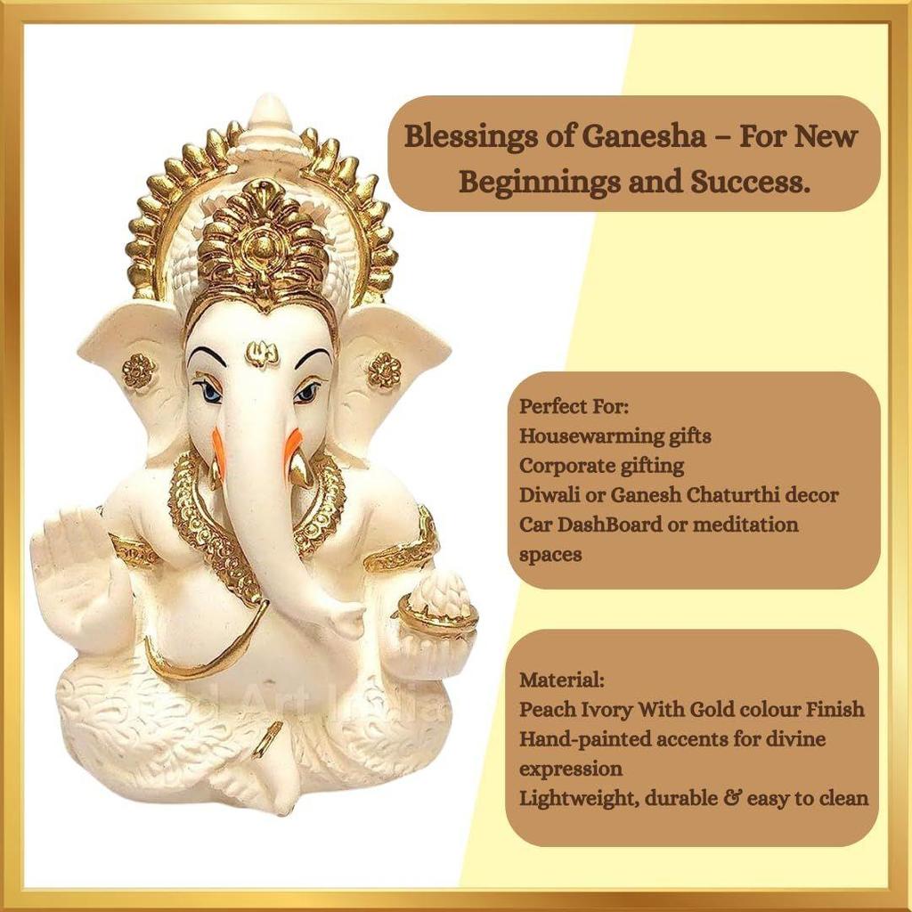 Peach Terracotta Colour Golden Paint Work Vinayaka Idol Car Dashboard Idol Ganesha Murti Ganpati Idol for Home Decor