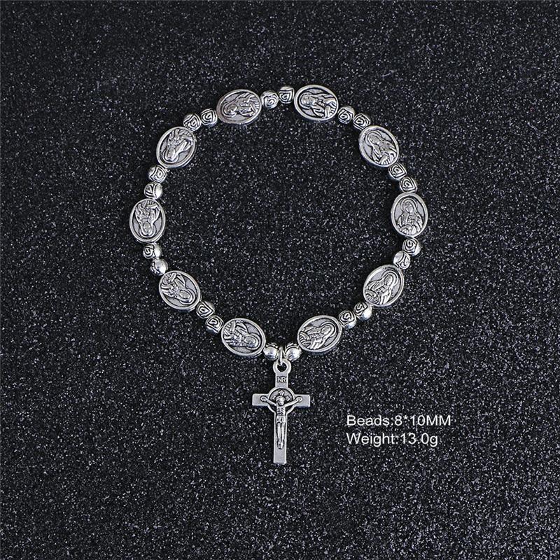 Handmade Rosary Bracelet Elasticated Metal Bracelet  Round Rose Alloy Beads Catholic Saints Images Prayer Bracelets