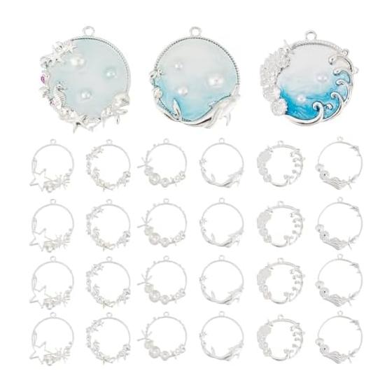 OLYCRAFT 6 Types Resin Frame Silver Set of 24 UV Craft Large Volume Resin Frame Sea Dolphin Starfish Wave Beautiful Empty Frame Frame Parts UV Craft