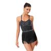 Womens Latin Dance Dress Sheer Mesh Patchwork Bodysuit Rhinestone Design Tiered Tassel Fringe Tango Costume