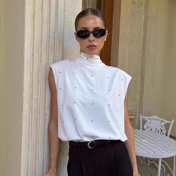 High Neck Polka Dot Vest Women s Pullover Lace Up Sleeveless Top L