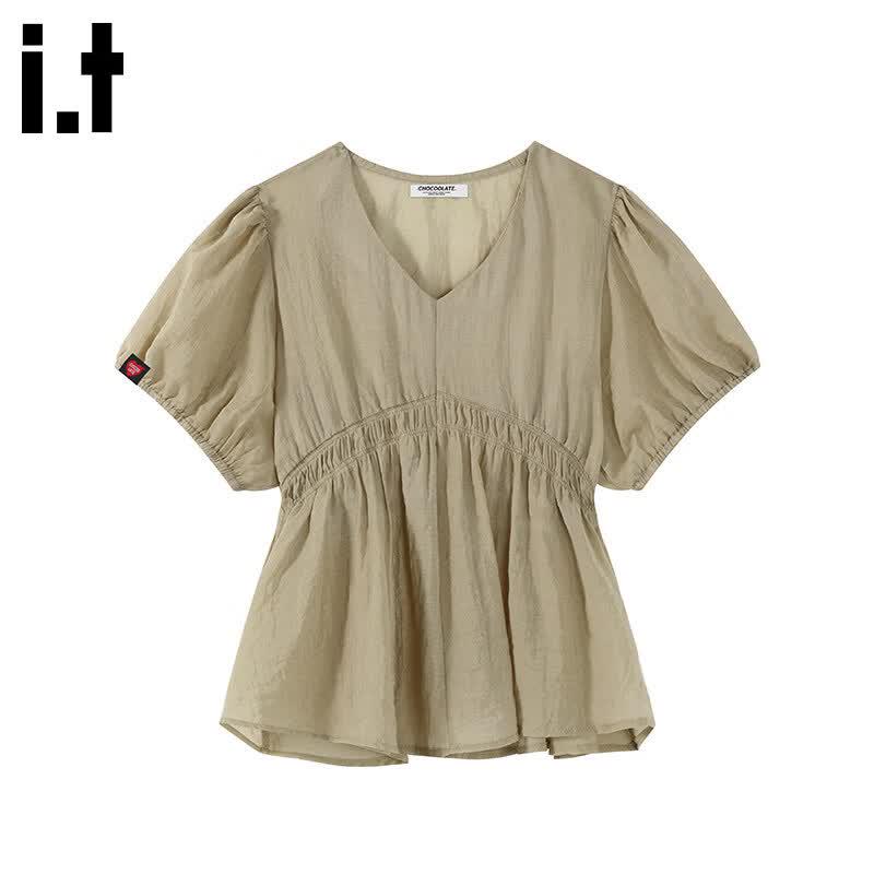 :CHOCOOLATEit Women s Puff Sleeve Pleated Slim-fit Shirt M