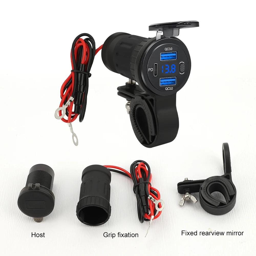 3 In 1 Digital Motorcycle Charger PD+QC3.0 Dual USB Fast Charging Power Socket USB Type-C Port Power Supply Adapter Waterproof