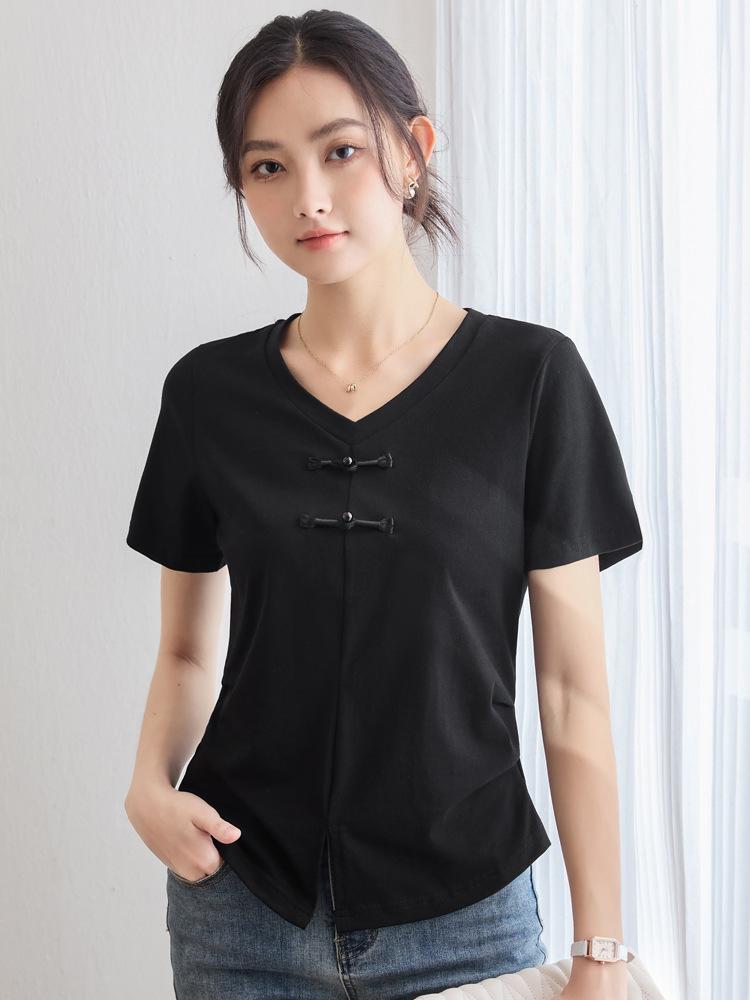 2026 Summer Women's Loose V-Neck Cotton T-shirt with Frog Button - Solid Color, Chinese Style
