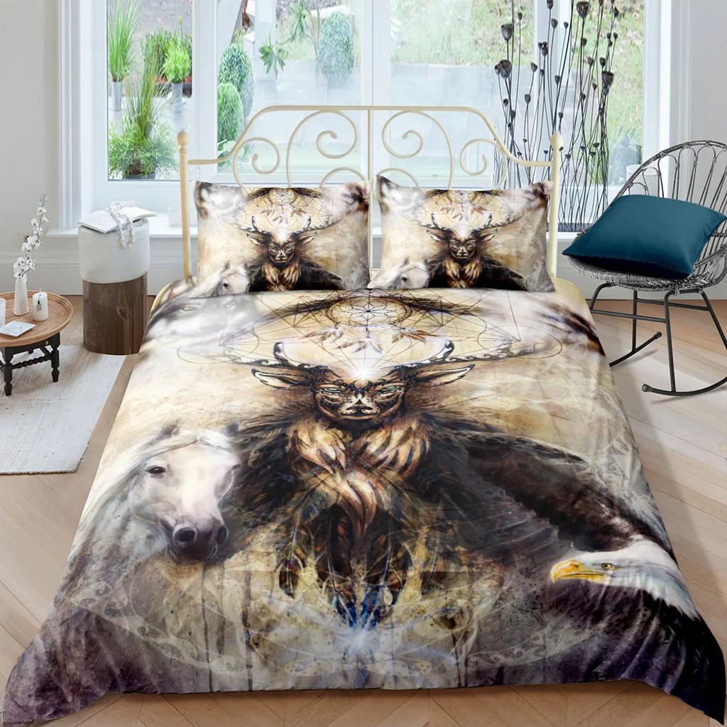 Deer Duvet Cover King/Queen Size,wildlife Bucks Fire Pattern Print Bedding Set For Teens Adults Men,Brown Elk Animal Quilt Cover