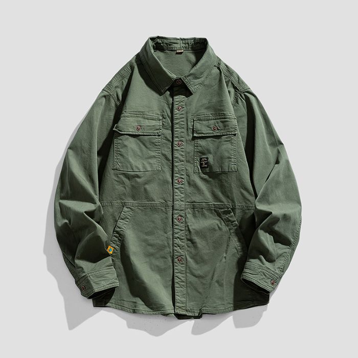 Men's Multi-pocket Loose Casual Shirt Trendy Fashion Top with Long Sleeves Versatile Work Jacket Green Khaki