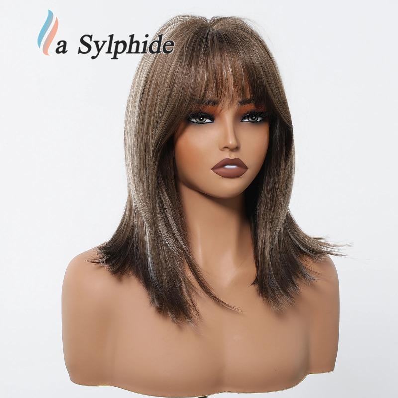 Wig full head cover women's high-level clavicle hair simulation repair age reduction natural straight hair Europe and the United States