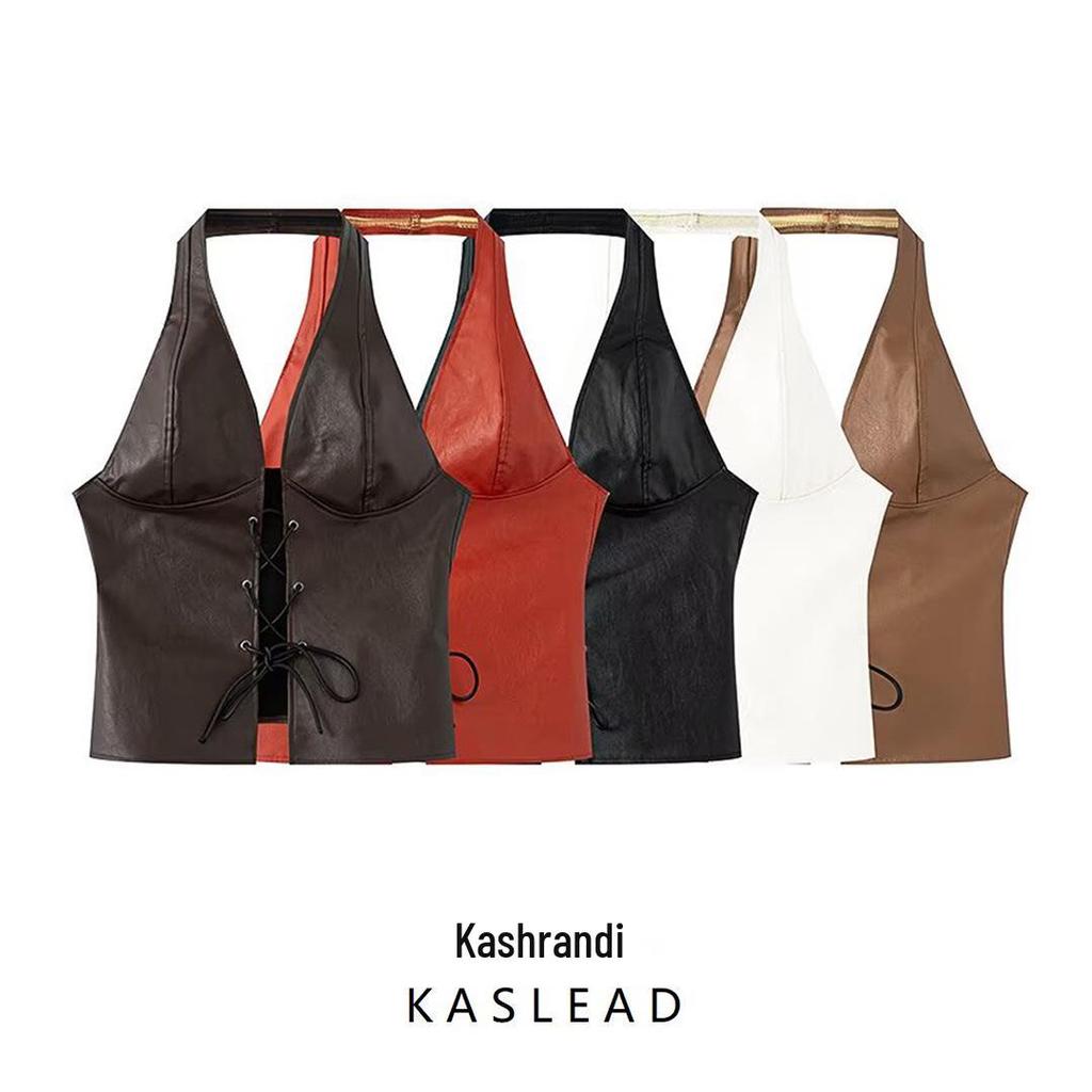2025 Spring Women's Euro-American Style Halter Tie-Up Cutout PU Crop Vest