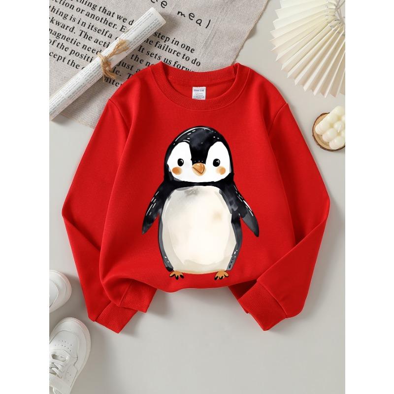 European sizes Girls' Soft Crewneck Sweatshirt, Cute Watercolor Penguin Print, Casual for Fall Winter, Ideal Holiday Present.
