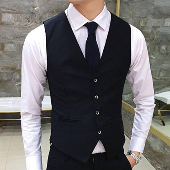 Men Vest Solid Color Single-breasted V Neck Formal Autumn Waistcoat for Wedding