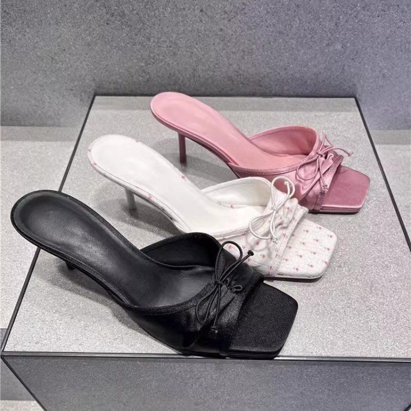 Fashion Summer 2025 New Comfortable Low Heel Square Head Sandals Sweet Bow Silk Thick Heel Slippers for Ladies Outwear Blue Slides