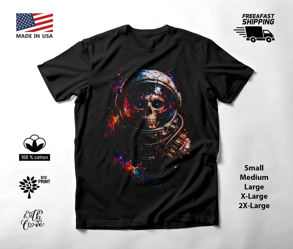 Skeleton Astronaut Cosmic Helmet T-Shirt Black Unisex S-2XL