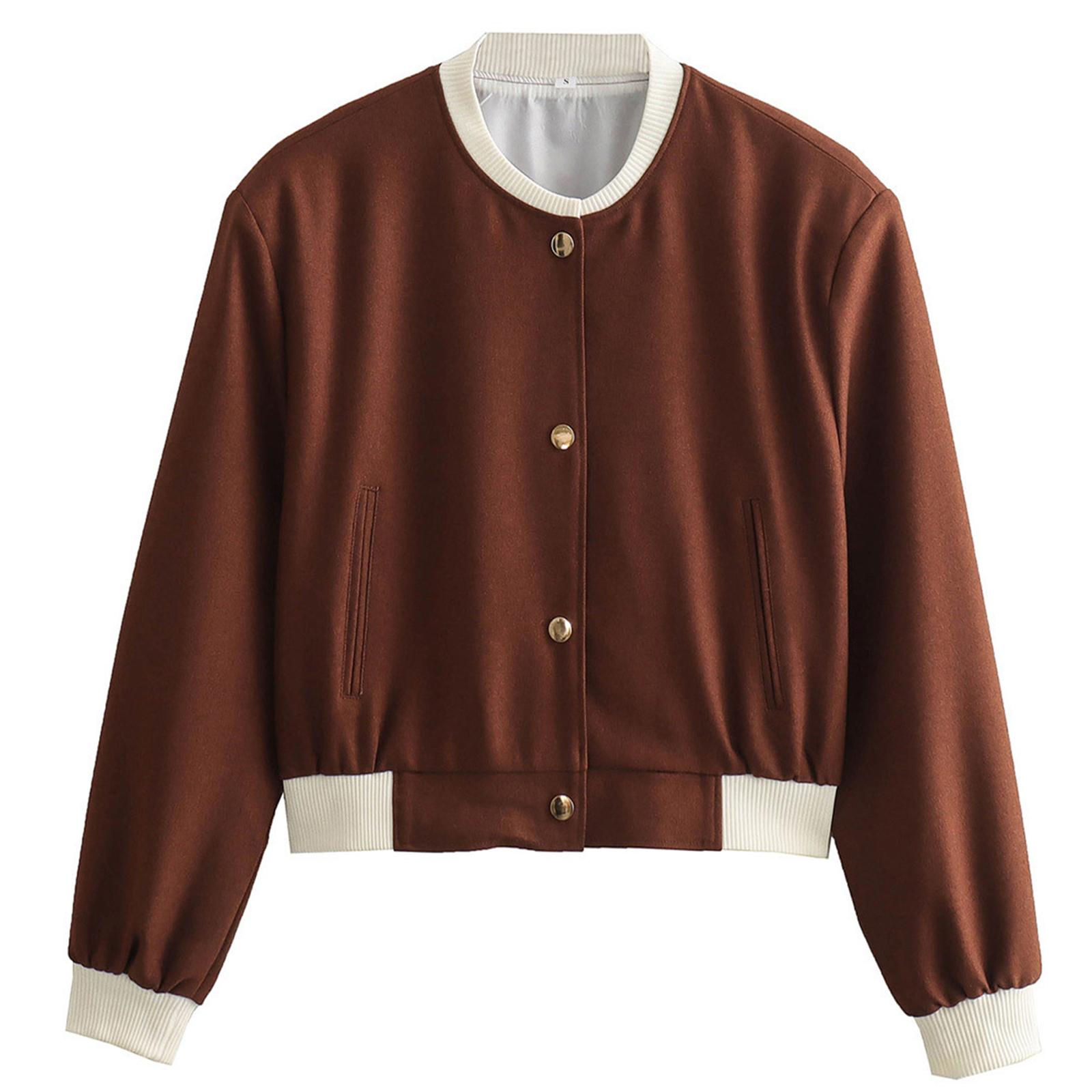 

Женская модная куртка на пуговицах с длинными рукавами и контрастной расцветкой L коричневый