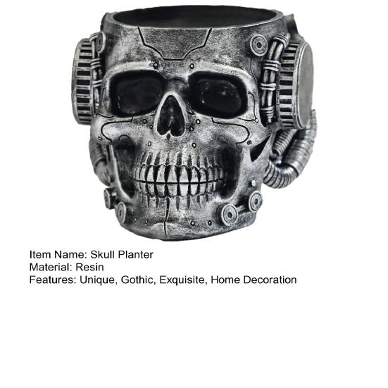 Resin Skull Planter Steampunk Machinism Human Skull Plant Pot Gothic Flower Vase with Drainage Hole for Home Office Decor