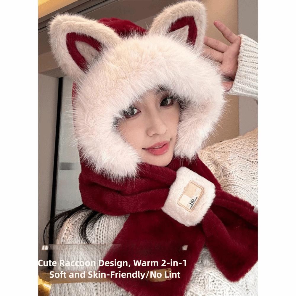 Windproof Hat Scarf Keep Warm Winter Plush Scarf Fox Ears Hooded Scarf for Women Autumn Winter