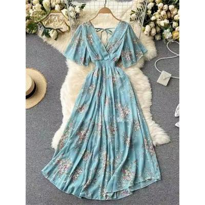 Vestido longo floral de chiffon feminino estilo francês manga curta elástico vestidos linha A verão boêmio estampado vestido de praia