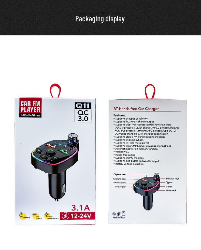 Nabíječka do auta Q11: Bluetooth MP3 přehrávač s atmosférickým světlem, dvojitým rychlonabíjením PD a adaptérem do zapalovače cigaret