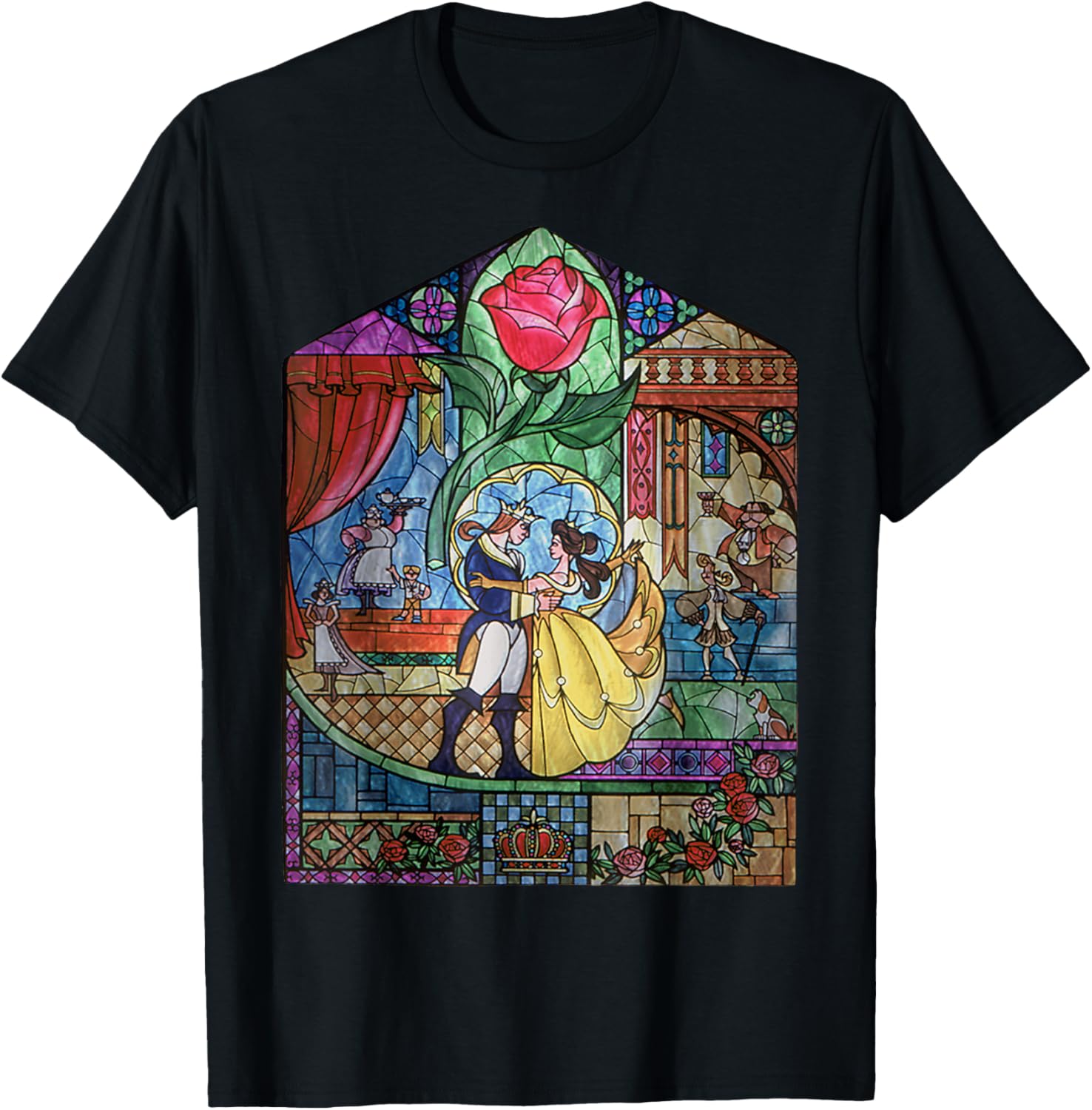 Hot Fashion Casual Disney Beauty and the Beast Enchanted Stained Glass Window T-Shirt S-4XL Four Seasons XXL