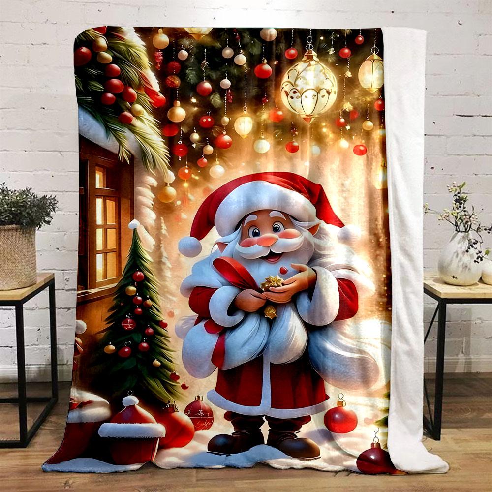 Santa Claus with Christmas Decorations Patterned Flannel Blanket Perfect for the Bedroom Living Room, Sofa, or a Little Nap