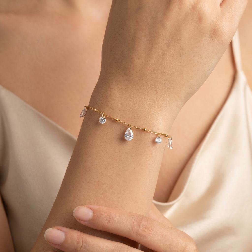 Multi Zirconia Satellite Chain Bracelet for Women, 18K Gold Plated Stainless Steel Wristlet, Waterproof Party Jewelry