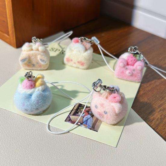 Decorative Pendant with Lanyard Flocked Cake Dog Pig Bear Shape Keychain Bag Charm Mobile Phone Hanging Ornament