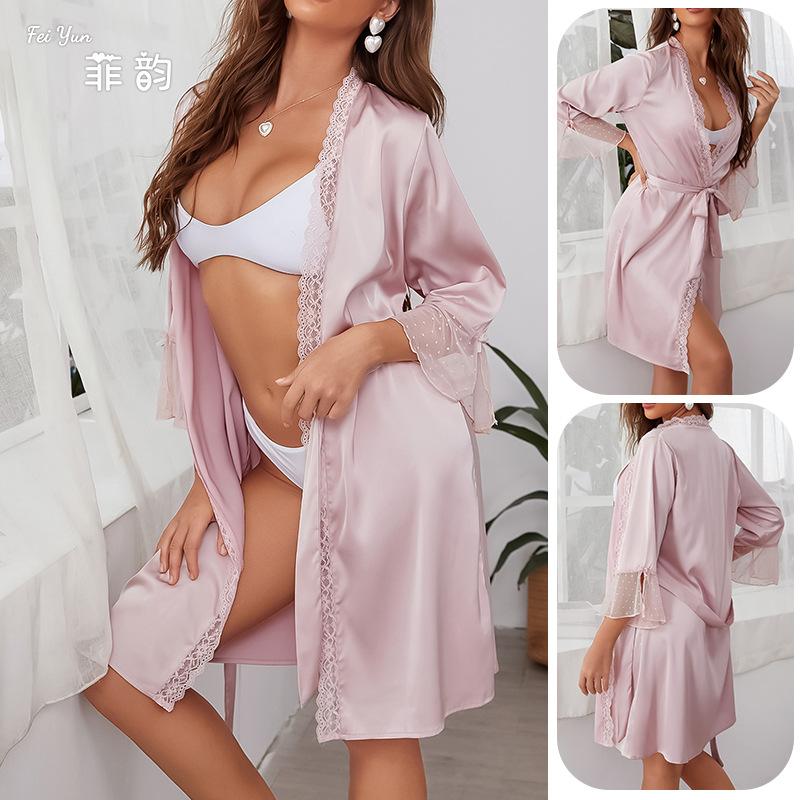 Summer simulation silk sexy seduction deep V lace robe lace-up nightgown bathrobe women's loungewear