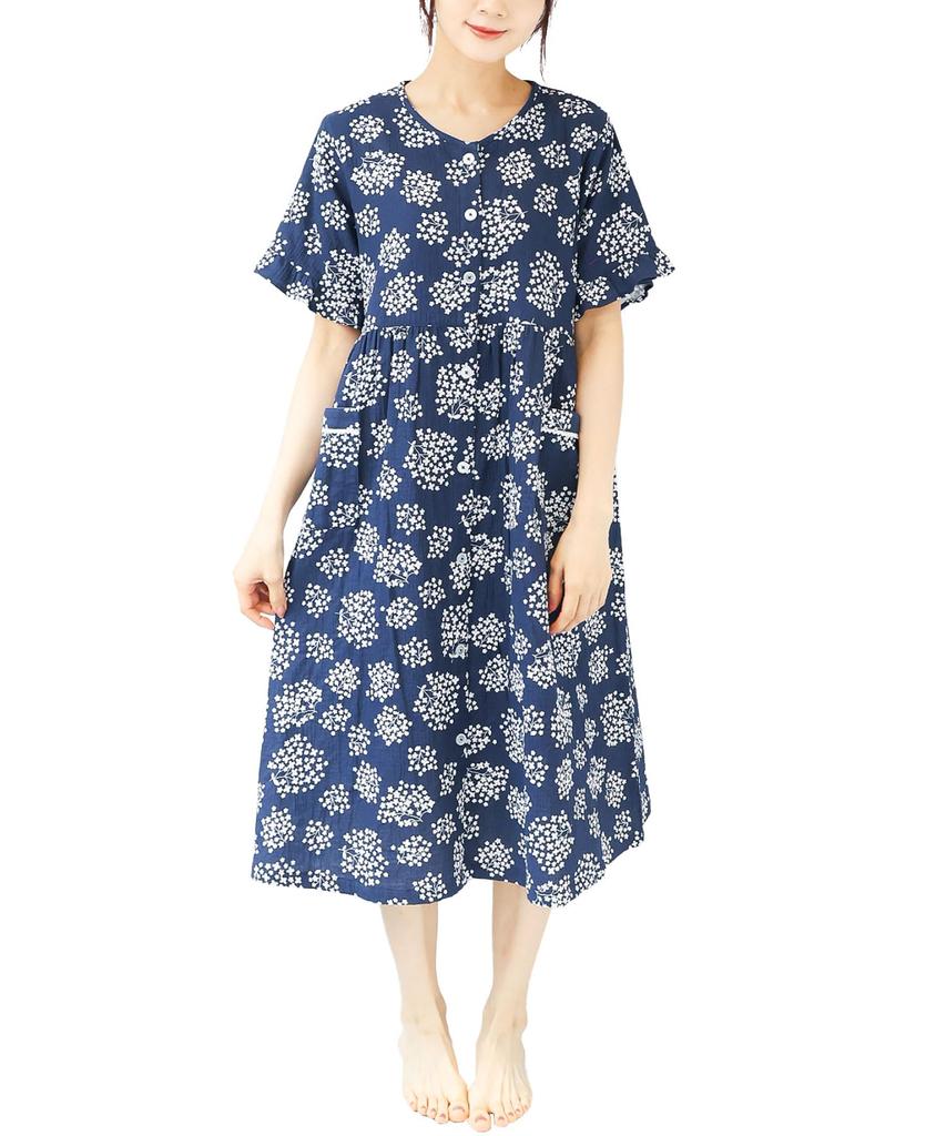 Nightgown Pajamas for Short Double Gentle On the Front Long Room Loungewear [Nishiki] Women, Sleeves, Summer, One-piece, 100% Cotton, Gauze, Skin,