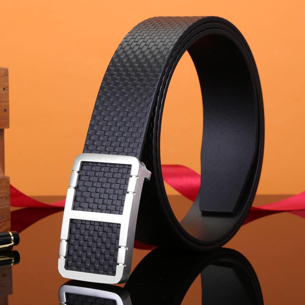 Men's Plaid Genuine Leather Belt, Pure Cowhide with Steel Smooth Buckle – Youth Business Casual Style
