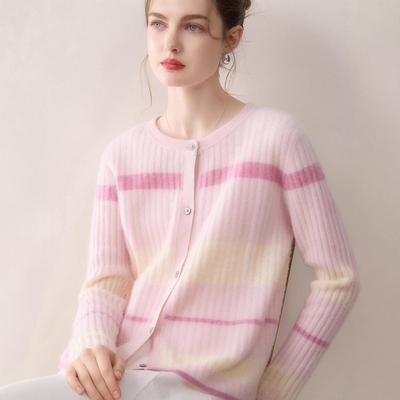 Women's Striped 100% Pure Cashmere Cardigan - Round Neck, Versatile, Slimming, and Skin-Friendly Knitted Sweater