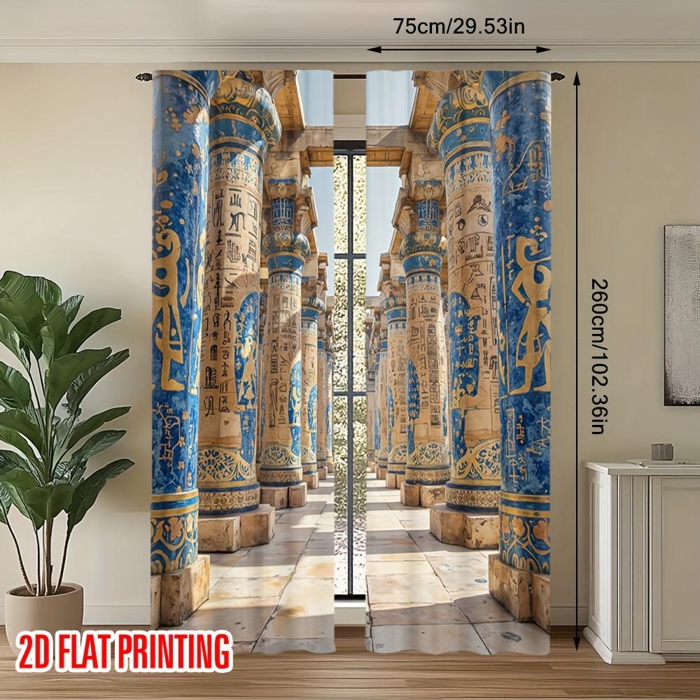 2 Stück Ägyptische Palastvorhänge - 2D Flachdruck   Blau & Goldenes Hieroglyphen-Design   Halbtransparentes Polyester für das Wohnzimmer