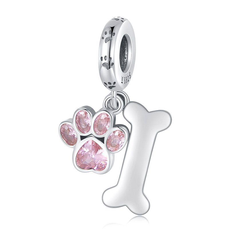 WOSTU 925 Sterling Silver Sweet Pink Cat Claw Charms Love Heart Pet Animal Beads Fit Original Bracelet Bangle DIY Jewelry Making