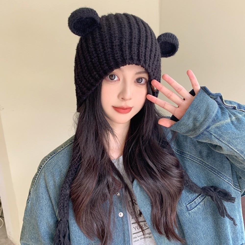 Enfärgad Björnöronmössa Håll Varm Öronmuffar Mössa Söt Stickad Mössa Vinter