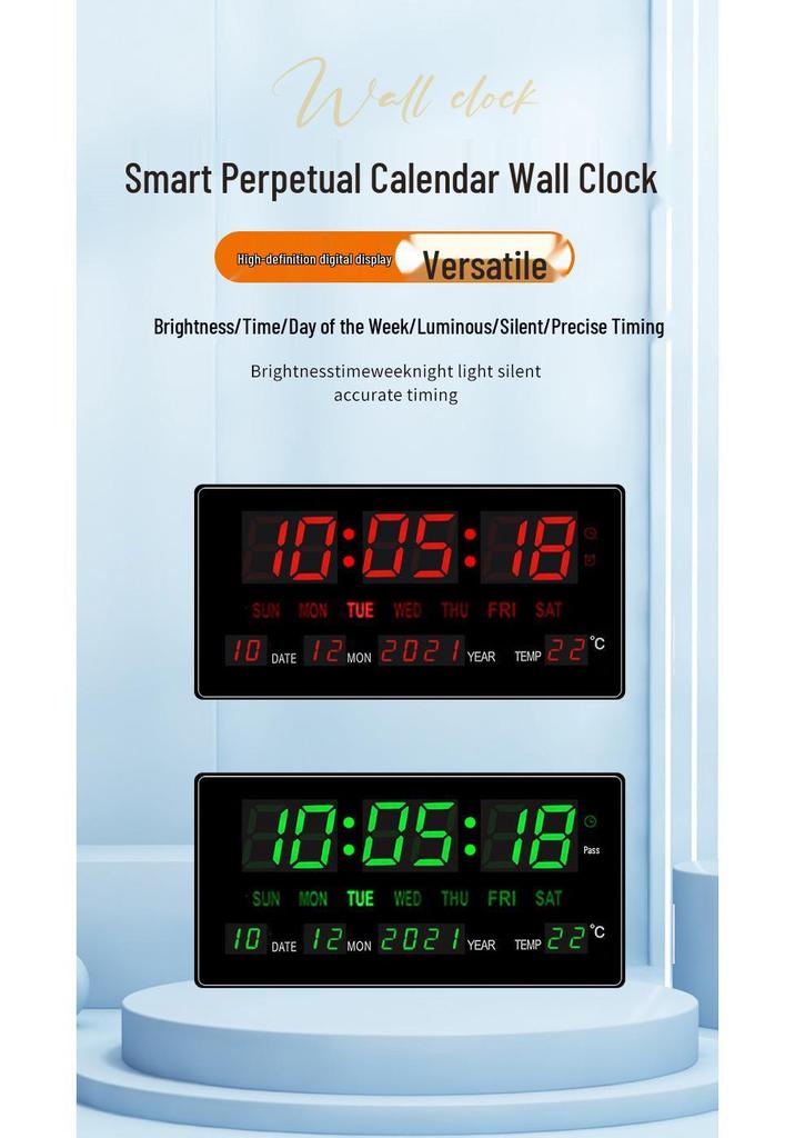 Smart LED Wall Clock with Large Digital Screen, Temperature Display, and Perpetual Calendar