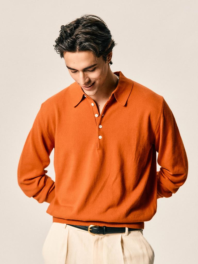 EDWARDMAX 5-Button Cotton Collar Summer Long Sleeve Knit (Brick Orange)