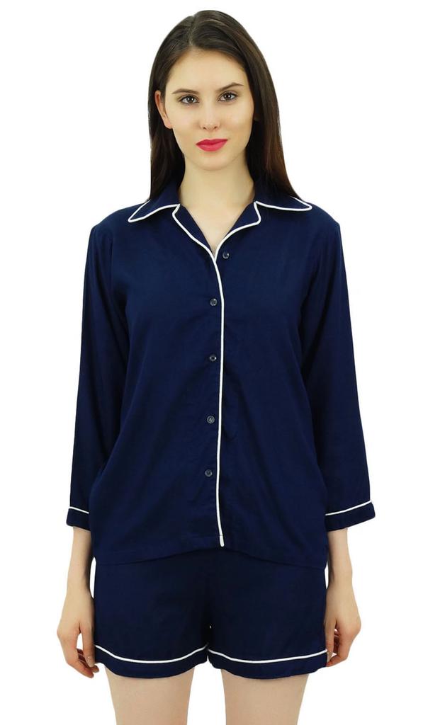 Bimba Button-Down Shirt With Elastic Waist Shorts 2 Pcs Full Sleeve Night Wear