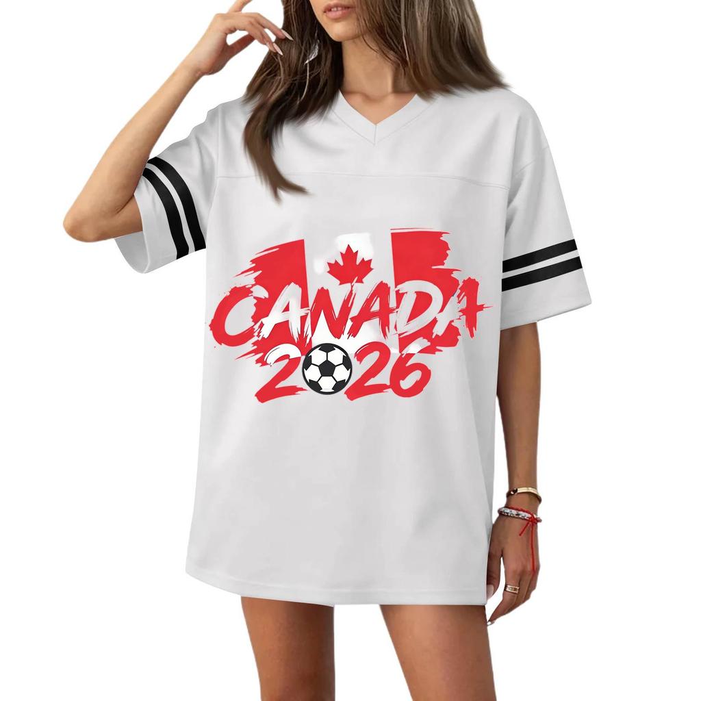 Women's Casual V Neck Short Sleeve Soccer Jersey Top with Flag Print and 2026 Graphic for Sports and