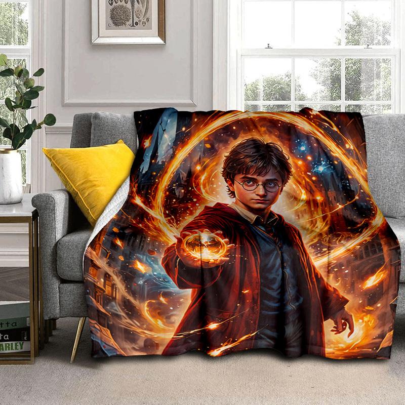 1pc Magical Wizardry: A Fiery Enchantment Cartoon Blanket,Portable Throw for Travel & Camping, All Season Cozy Blanket,Ideal Gift