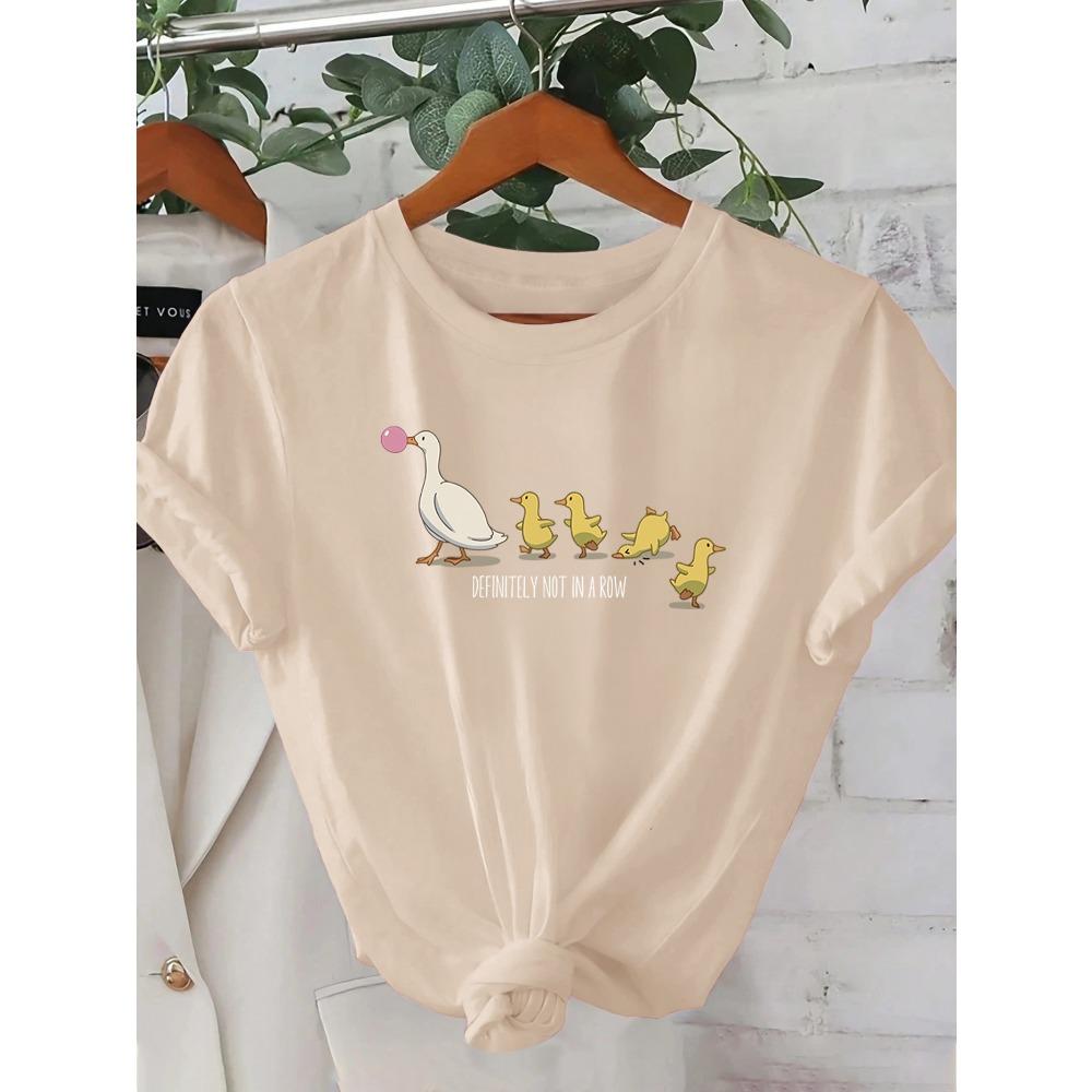 Ladies' Cute Duck Arrangement Printed Pattern T-shirt Casual Round Neck Short Sleeve Top Casual Summer Women's Clothing