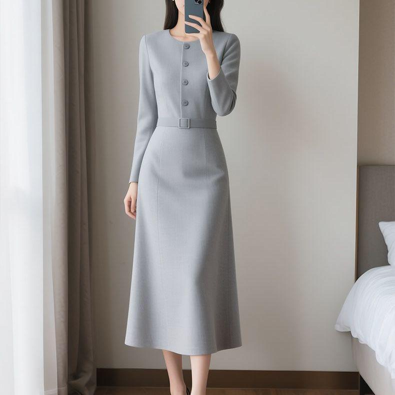 Women s Elegant Spring & Autumn Waist-Cinching Dress - Chic & Mature Style S Below 100 lbs